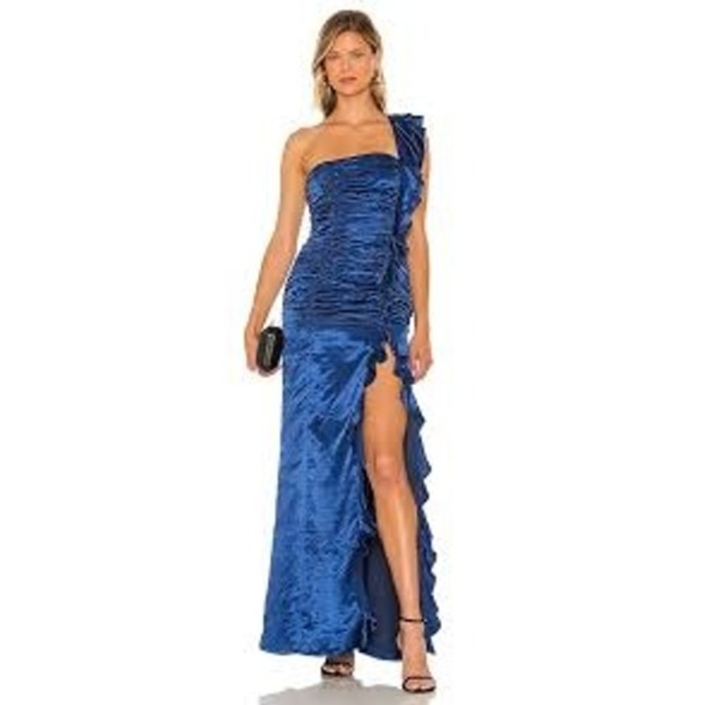 Majorelle Maxi Dress Women XL Blue One Shoulder Ruched Ruffle Slit Formal Gown